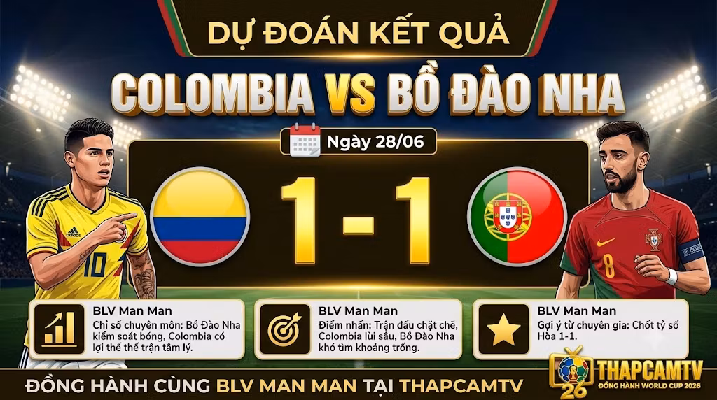 Chuyên gia BLV Man Man dự đoán kết quả và tỷ số trận đấu Colombia vs Bồ Đào Nha ngày 28/06 xem trực tiếp tại thapcamz.org.