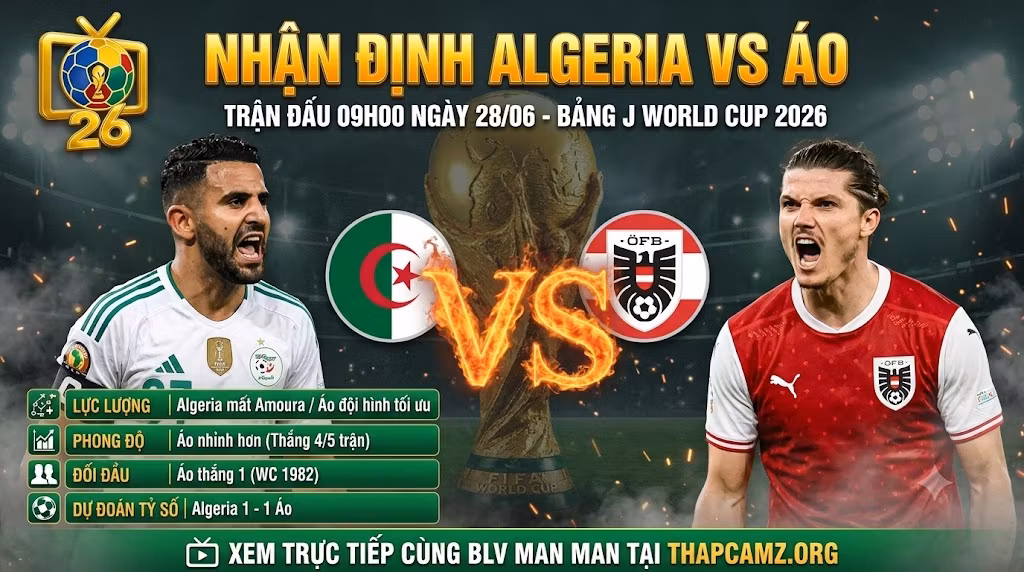 Nhận định bóng đá Algeria vs Áo tại bảng J World Cup 2026, so sánh lực lượng và phong độ trước trận cầu sinh tử cập nhật trên ThapcamTV.